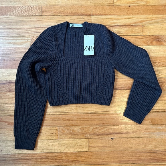NWT ZARA Gray Chunky Knit Square Neck Drop Shoulder Cropped Sweater  S - Picture 4 of 5
